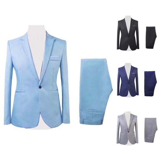 2 Stuks/Set Heren Formeel Zakelijk Feest Effen Kleur Lange Mouw Blazer Pak Broek