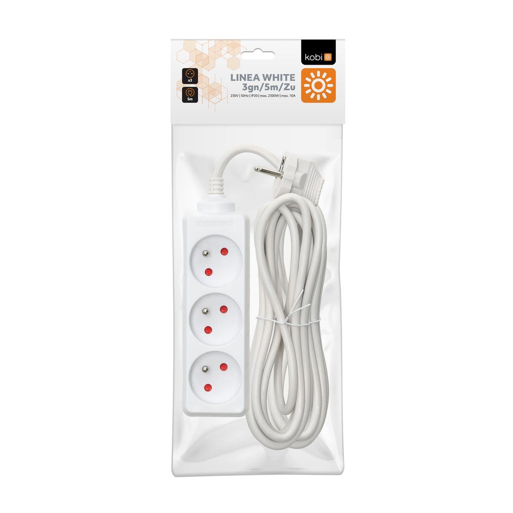 Home Extension Cord, 3 Sockets, 5 , with Grounding, White