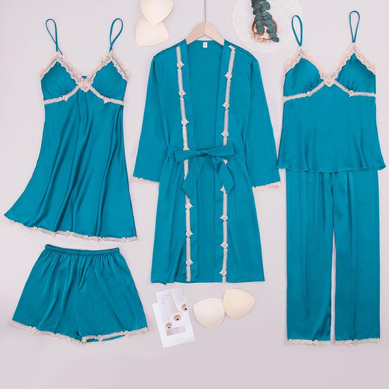 Yao Ting Satin Chiffon Five-Piece Pajama Set: Ice Silk, Casual, Sexy, with Chest Pads for Spring/Summer