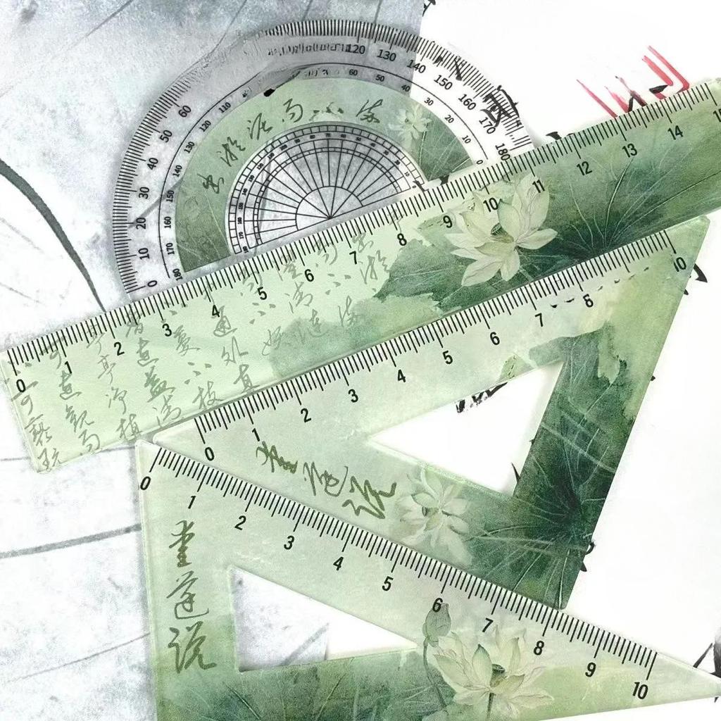Righello di loto verde di poesia cinese, set da 4 pezzi, righello trasparente a triangolo, goniometro, cancelleria, articoli per il ritorno a scuola