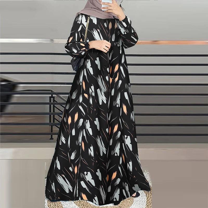 Spot Cross-Border New Printed Middle Eastern Muslim Malay Long Sleeve Round Neck Dress