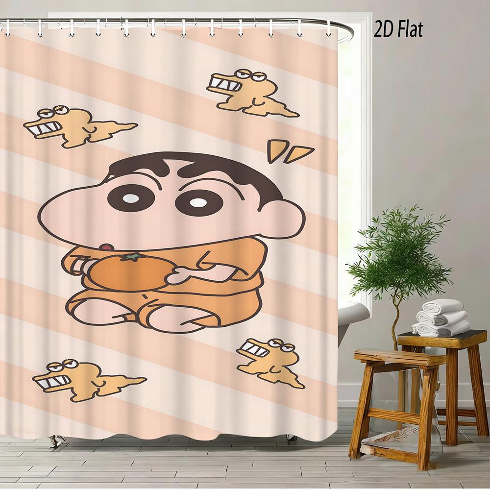 Crayon Shin-Chan Toru Kazama Animal Cosplay Peeking From Green Window Scene 2D Print Waterproof Shower Curtain, Bold Blue & Gree