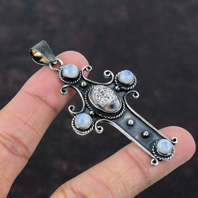 Silver Titanium Druzy Pendant Gemstone Pendant Cross Pendant 925 Sterling Silver Pendant Moonstone Pendant Gift For Women Handmade Jewelry