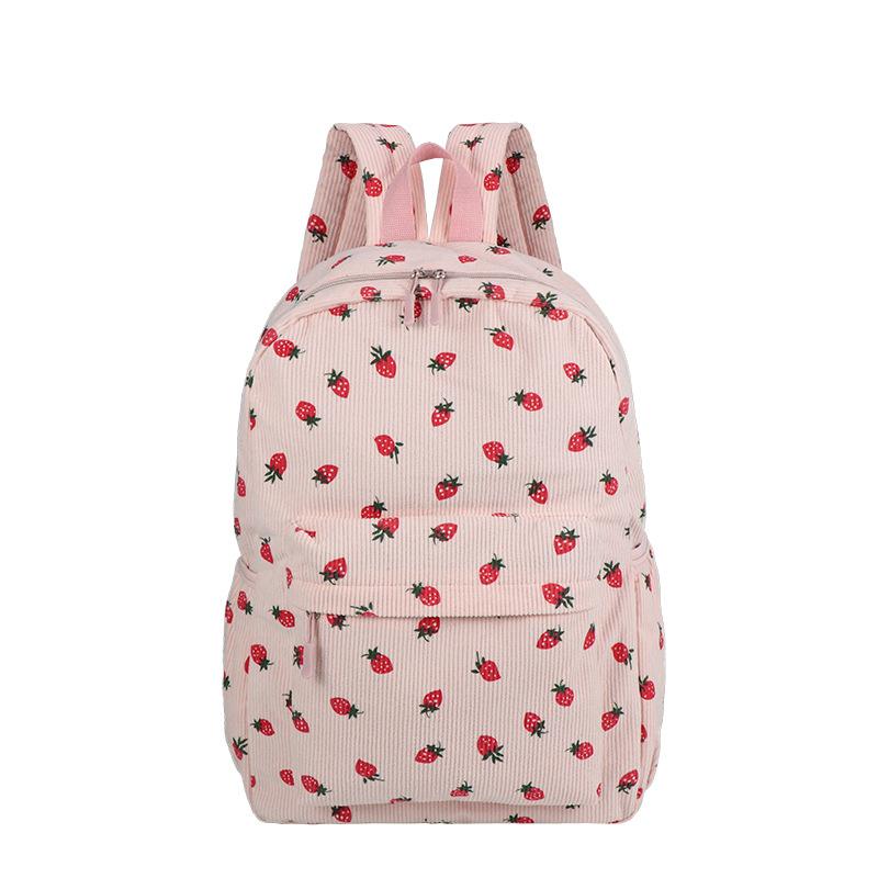Schoolbag Hot-selling Strawberry Corduroy Backpack Female Junior High School High School Student Casual School Bag Large Capacity Female Backpack