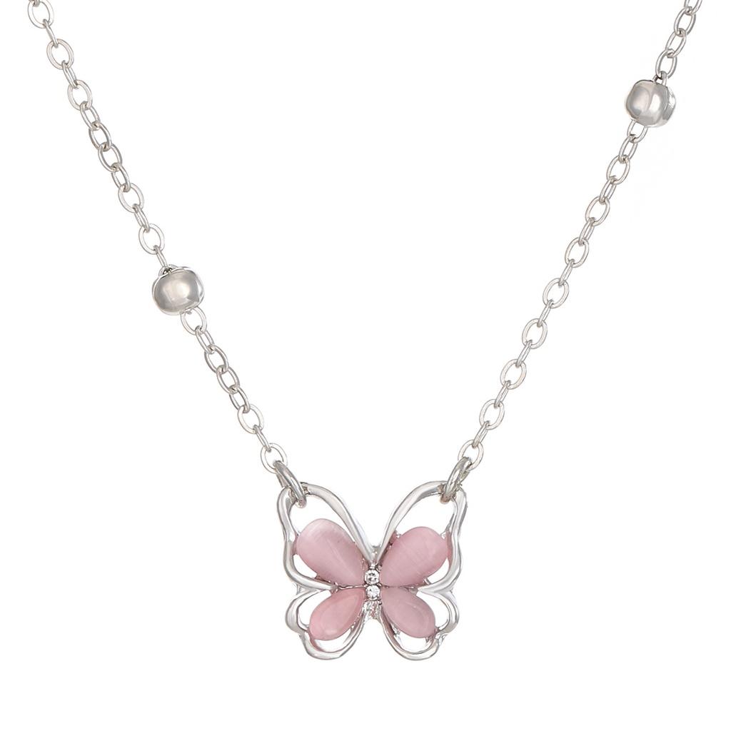 IF ME Simple Butterfly Silver Necklace for Women Chain Pink Crystal Choker Accessories Jewelry