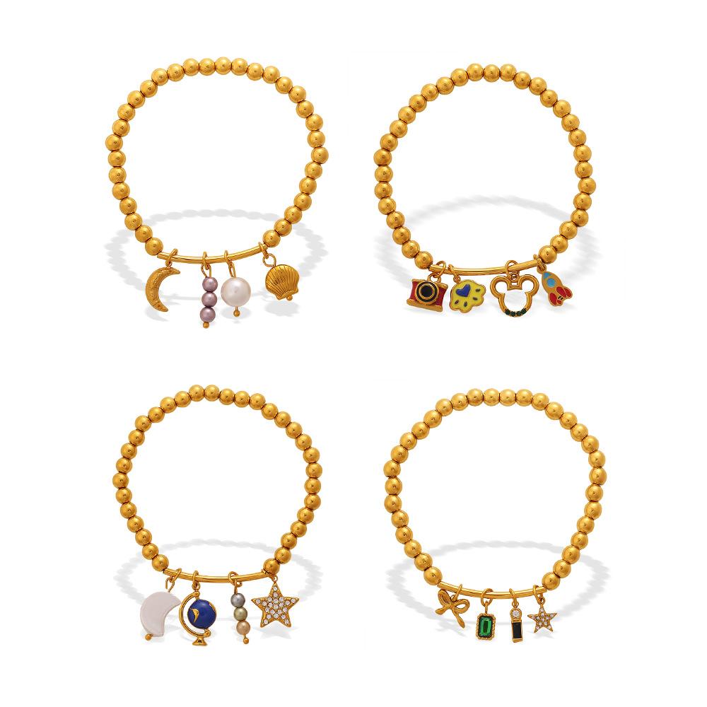 Retro Premium Sense · DIY Love Star Moon Pendant Gold Bead Bracelet Stainless Steel Gold Plated Jewelry