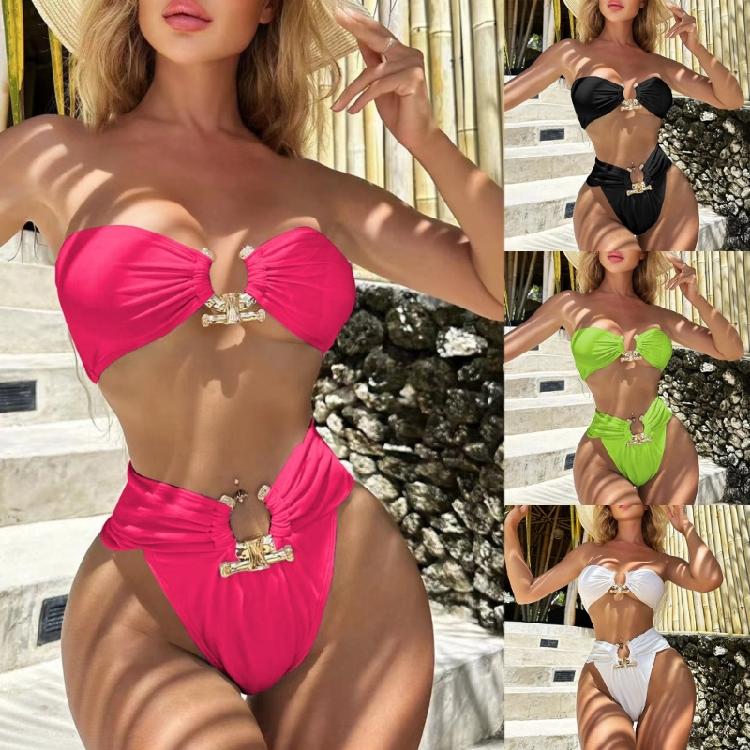 Elegant High Waist Bathing Suit with Unique Metal Detail for Fashion Forward Women Lightweight Beach Swimwear