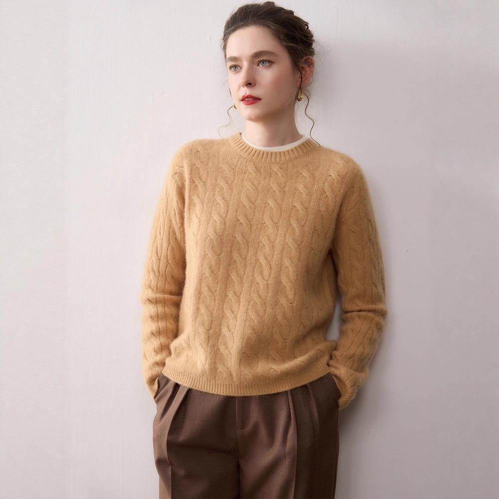 New Arrival Women's Color Block Cashmere Knit Sweater - Round Neck Long Sleeve Thick Pullover