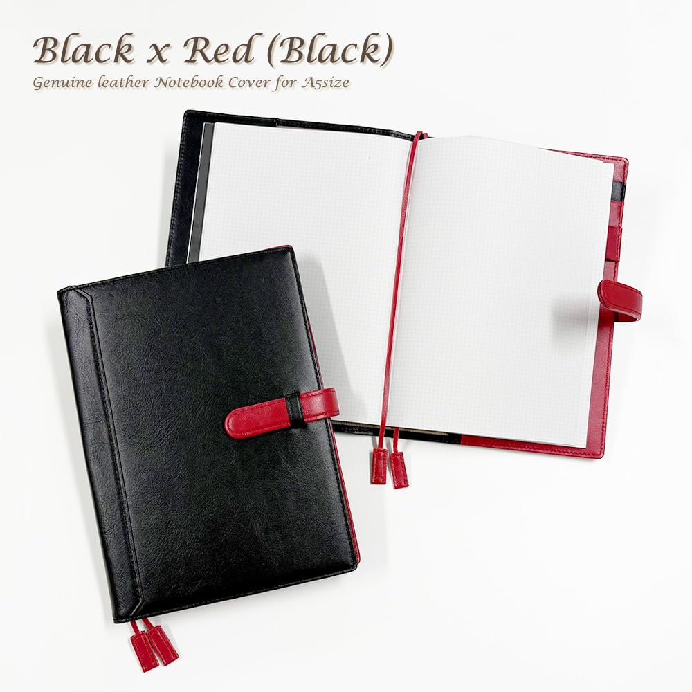 A5 Size Notebook Cover with Genuine Cowhide Design Size Black x Red (Seal Al) Belt, Leather, Two-Tone (No Personalization, 13. (Black Spine))