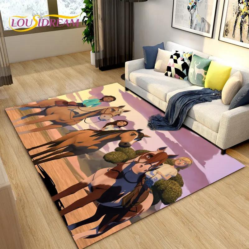 Cartoon Spirit Riding Free Horses Area Rug,Carpet Rug for Living Room Bedroom Sofa Doormat Decoration, Kids Non-slip Floor Mat