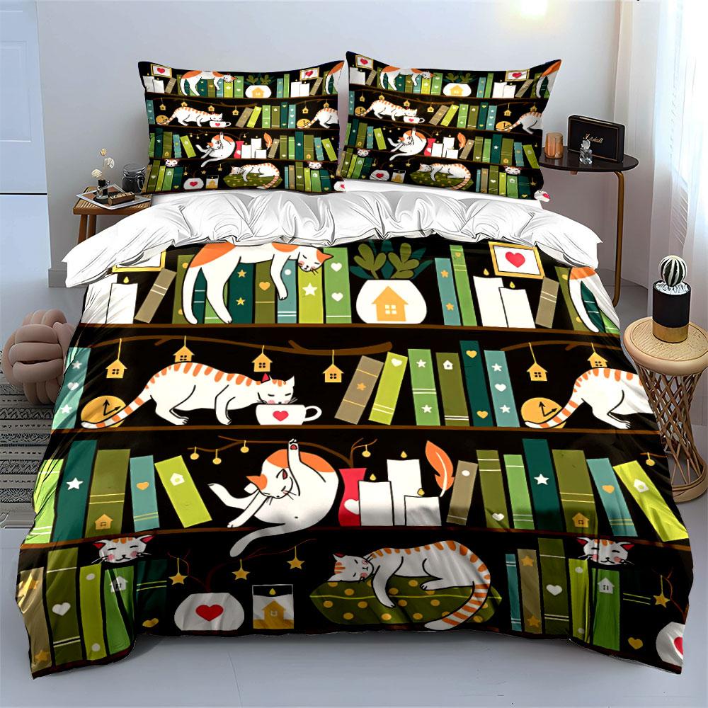Cats, books, candles, plants. Bedding sets Duvet cover sets Duvet covers Pillowcases(1*Duvet Cover 2*Pillowcases without duvet insert)