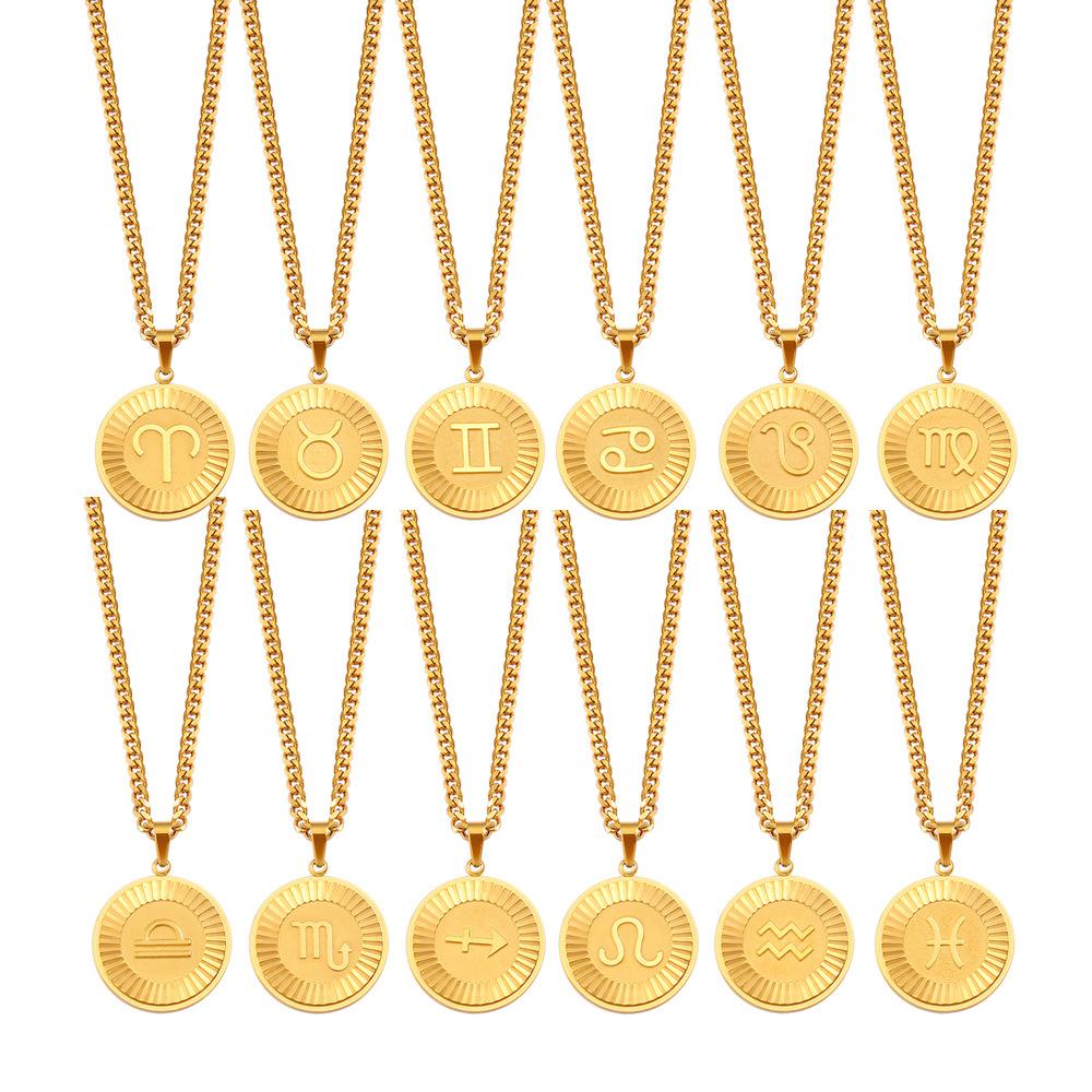 New 12 Zodiac Sign Symbol Pendant Striped Round Necklace One Piece Stainless Steel Gold Color Chain Choker Zircon Birthday Gift Aries