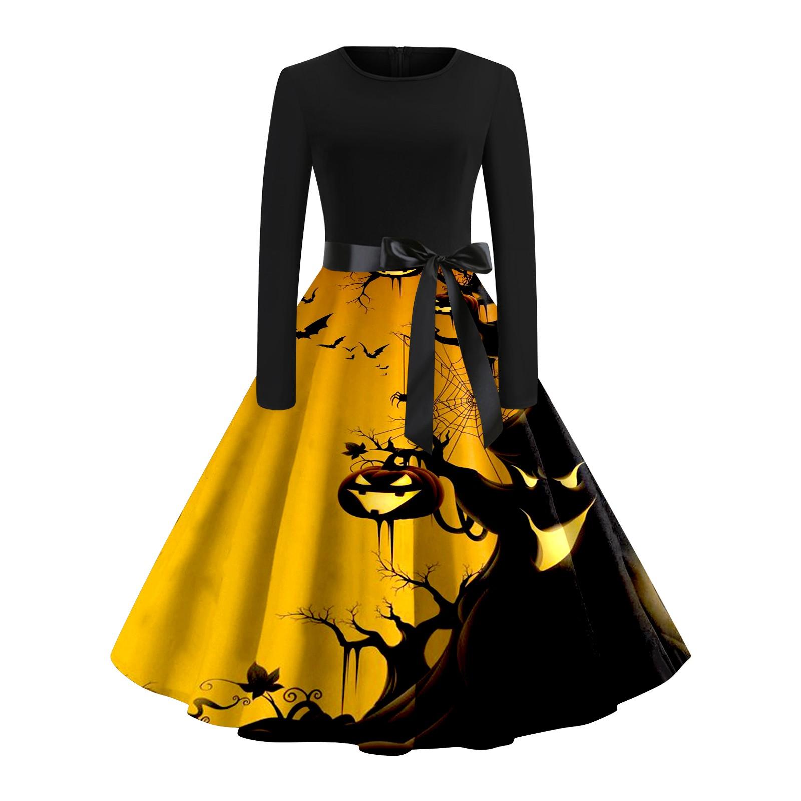 

Платье с расклешенным принтом на Хэллоуин для женщин, платье с длинным рукавом, полые вечерние повседневные платья M жёлтый