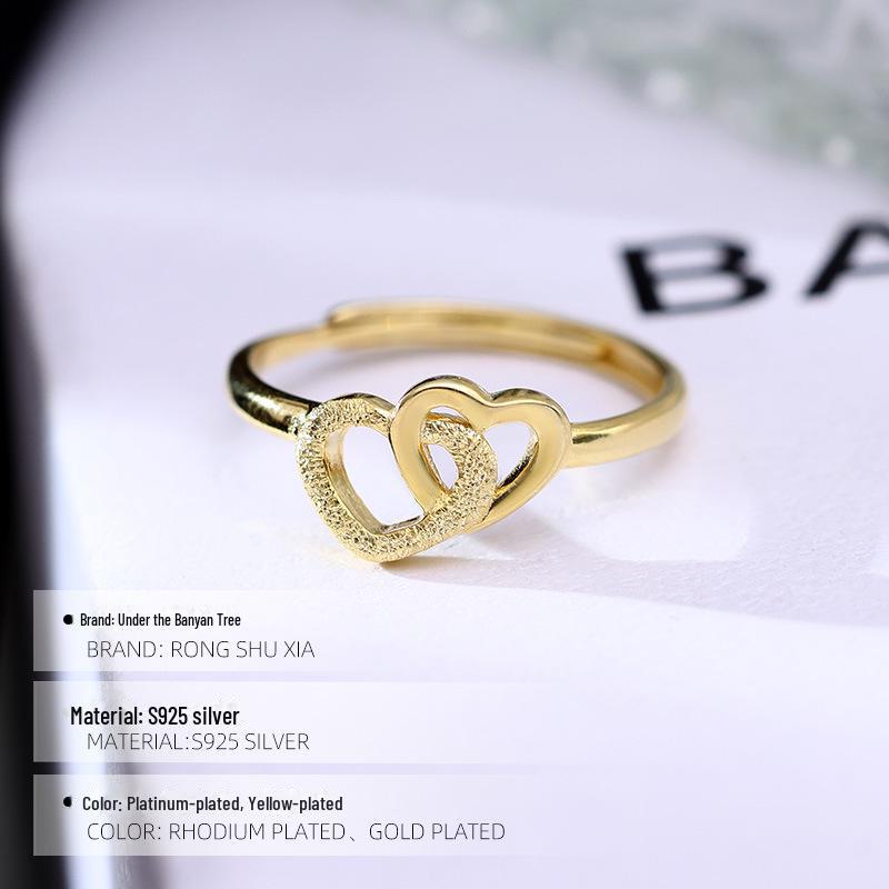 Banyan Tree S925 Silver Frosted Double Love Ring for Women - Elegant and Versatile Heart-to-Heart Gift