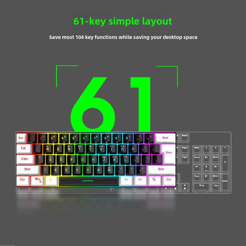 Wired RGB 61-Key Mini Gaming Keyboard - Compact, Mechanical Feel for Office and Portable Use