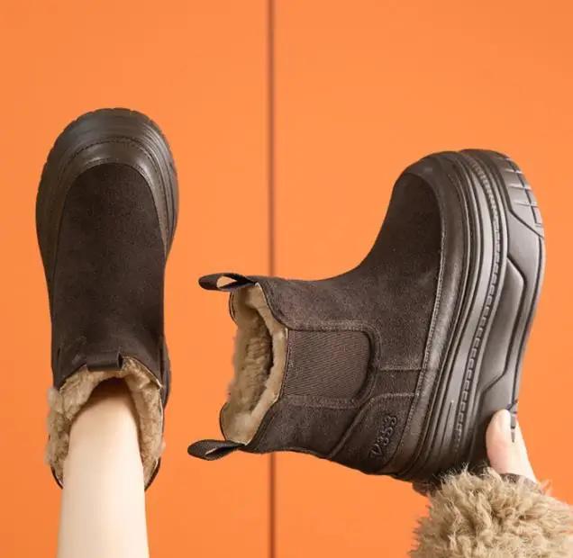 Fashion 9CM Suede Cow Genuine Leather Platform Wedge Winter Plush Women Boots Hidden Heels Warm Ankle Booties 2025 Spring Autumn Shoes