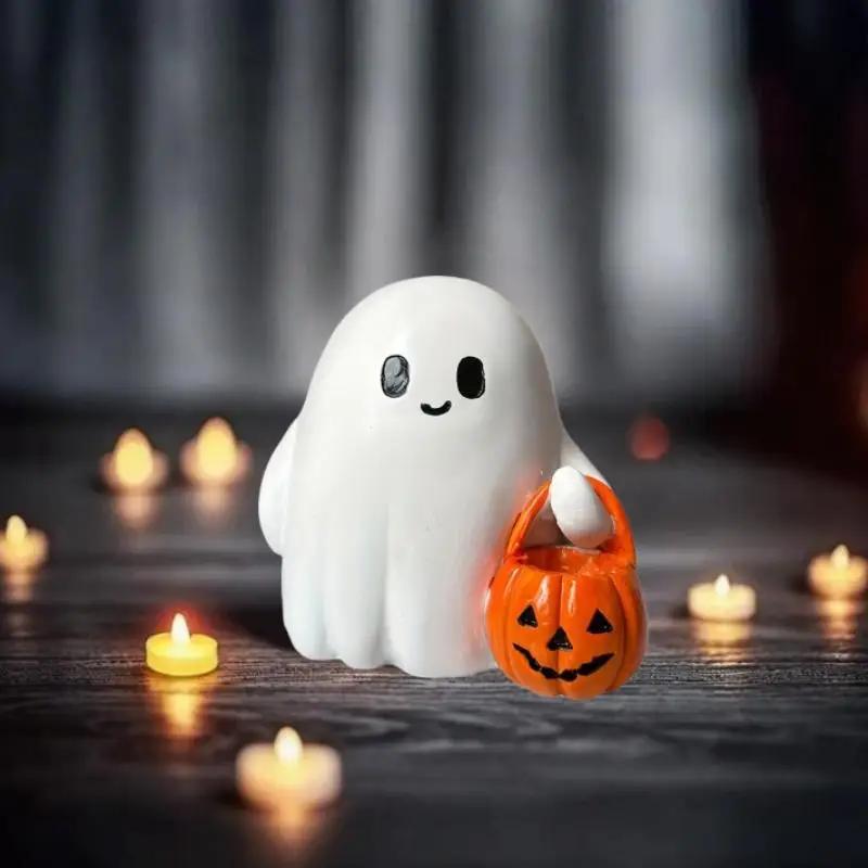 Cute Ghost Halloween Statue Resin Pumpkin Holding Spooky Figurine Home Desktop Decor Cute Ghost Ornament for Halloween