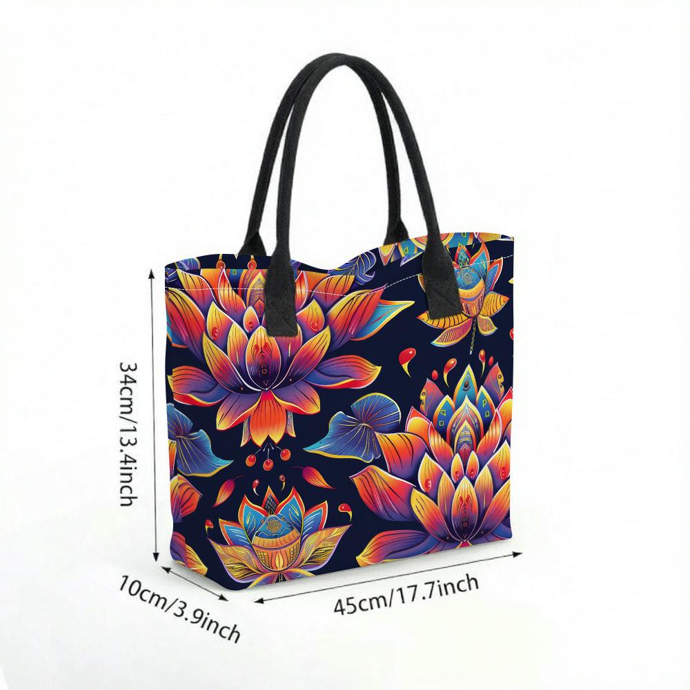  Lotus Print Tote Bag Casual Fashion Large Capacity Portable Shopping Shoulder Bag