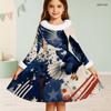 Girls Furry Trim High Neck Long Sleeve Eagle Star Stripe Printed A Line Flared Dress