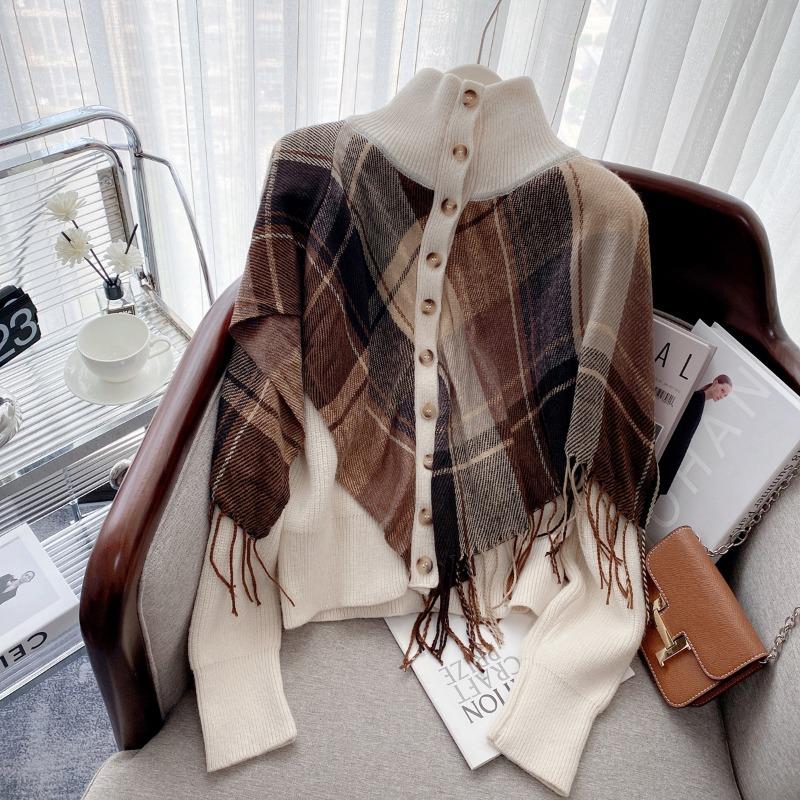 

Vintage plaid fringed shawl sweater jacket women s autumn and winter new fake two-piece turtleneck knitted cardigan top one size fits all