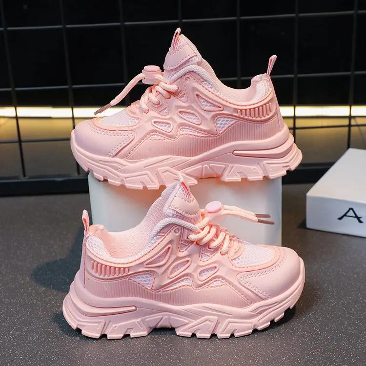 

Повседневная обувь для девочек 2024 года, новые сетчатые дышащие спортивные туфли, детские однотонные универсальные кроссовки для бега для студентов, износостойкие 26 розовый