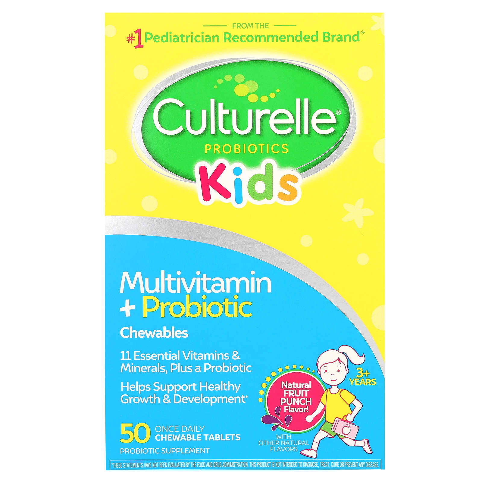 

Culturelle, для дітей, мультивітаміни + пробіотики, жувальні, від 3 років, натуральний фруктовий пунш, 50 жувальних таблеток