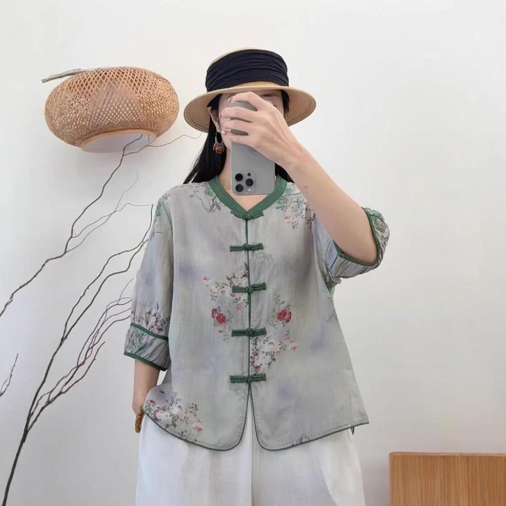 2026 Spring/Summer Women's Retro Ramie Printed Stand Collar 3/4 Sleeve Frog Button Cardigan Shirt