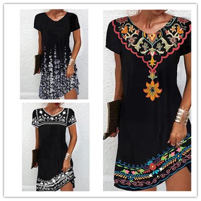 Vintage Casual Φόρεμα Α-γραμμής Κομψό Εθνικό Λουλούδι 3D Εκτύπωση Γυναικείο Φόρεμα Καλοκαίρι Στρογγυλή Λαιμόκοψη Κοντομάνικο Άνετο Φόρεμα Vestidos