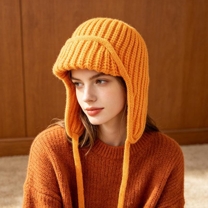 Neue Damen Herbst Winter Ohrklappen Strickwollmütze, Kordelzug Thermisch Warm Flieger Skimütze, Mode Vielseitig Outdoor Trooper Mütze