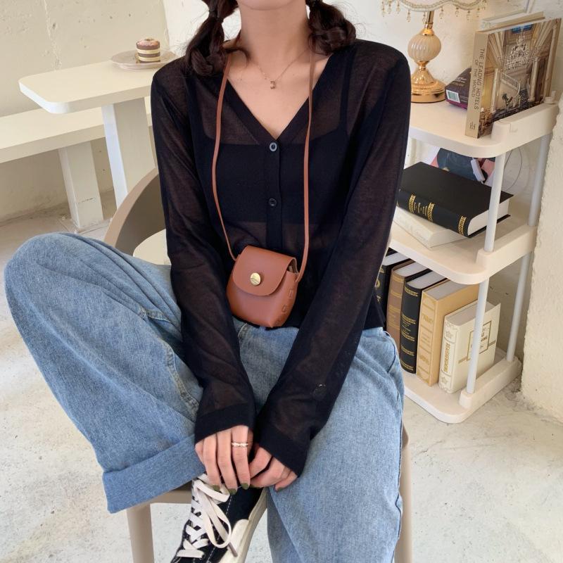 Women Summer Thin Knitted Shirt Top Cardigan V-Neck Full Sleeve Single-breasted Sunscreen Loose Solid Color