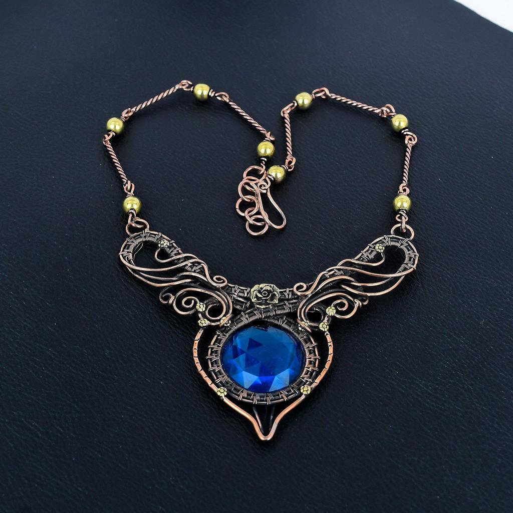 Blue Topaz Necklace, 999 Copper Wire Wrapped Jewelry, Gemstone Necklace Whit Adjustable Chain Gift For Her, Handmade Dainty Jewelry