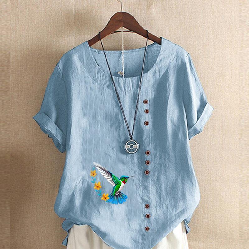 Women's Fashion Round Neck Short Sleeve T-shirt Casual Cotton Linen Graphic Shirt Leisure Loose Bird Prined Summer Blouse Tops