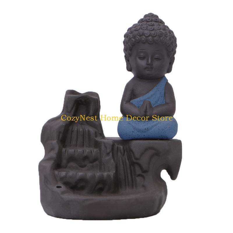 92MF Ceramic Little Monk Smoke Backflow Cone Censer Holder Incense for Burner Decorat