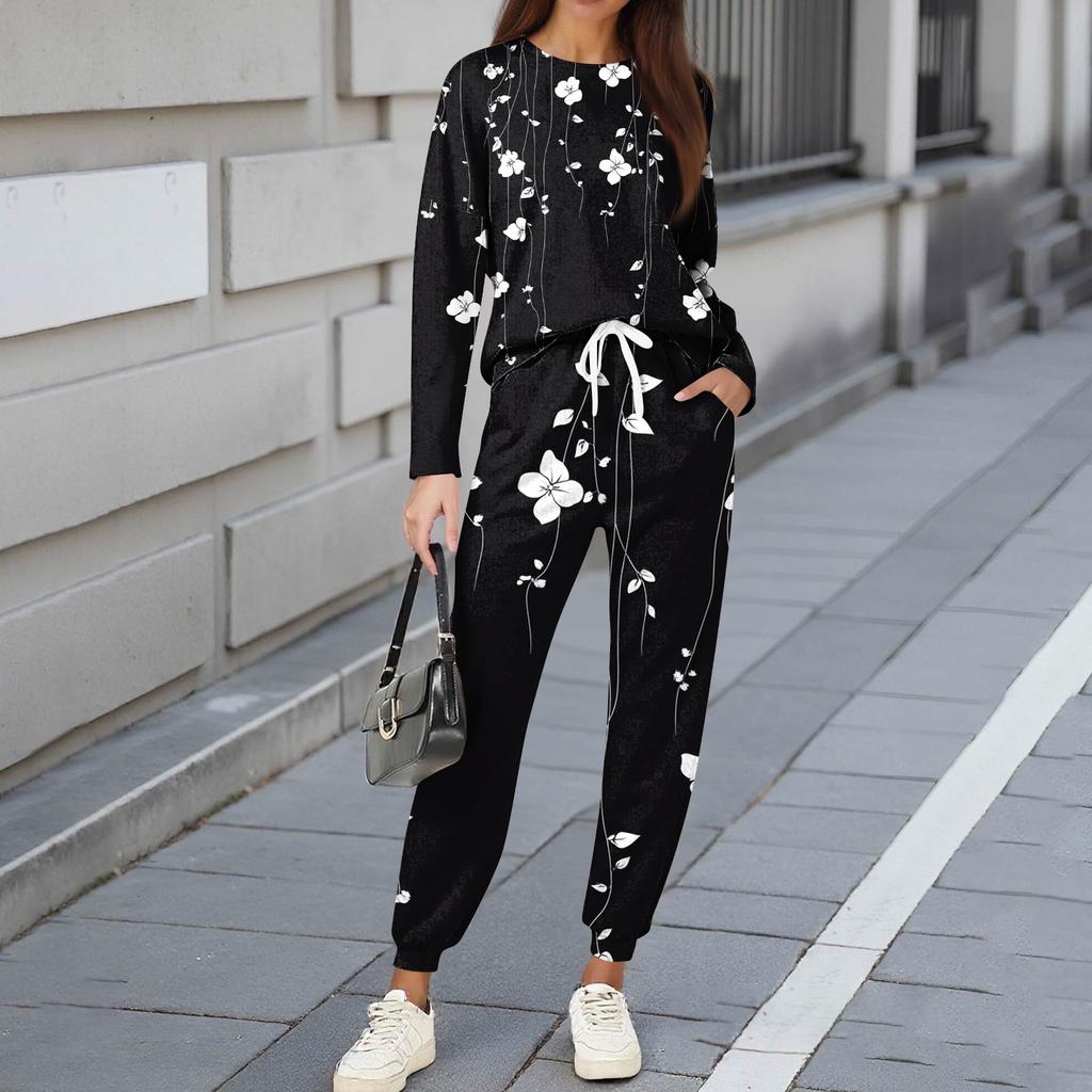 Sets für Damen 2-teilig Rundhals Langarmshirts Bedruckte Jogginghosen Taschensets