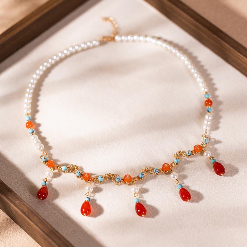Orange Red Water Droplet Necklace, Original Ancient Style Hanfu Necklace, New Chinese Qipao Accessory, Soft Yingluo Chinese Style