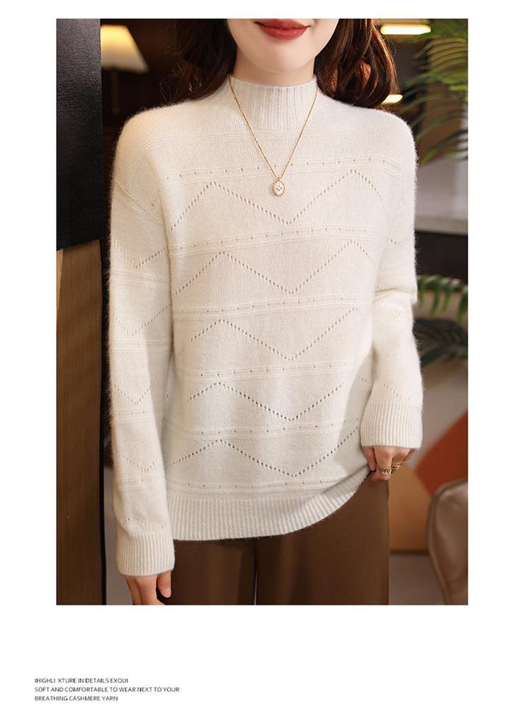 European Hollow Pure Wool Sweater - Women's Autumn/Winter Round Neck Knitwear