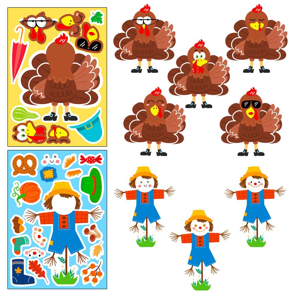 6 Photos/pack of Turkey Thanksgiving Puzzle Face Change Sticker New Product Cartoon Turkey Puzzle DIY