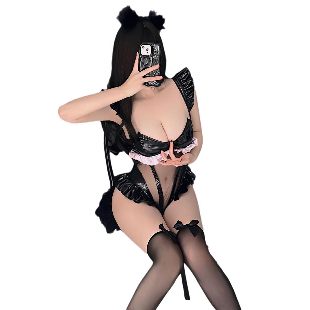 Sexy Lingerie: Temptation Bowknot Leather School Swimsuit Bodysuit Set for Women