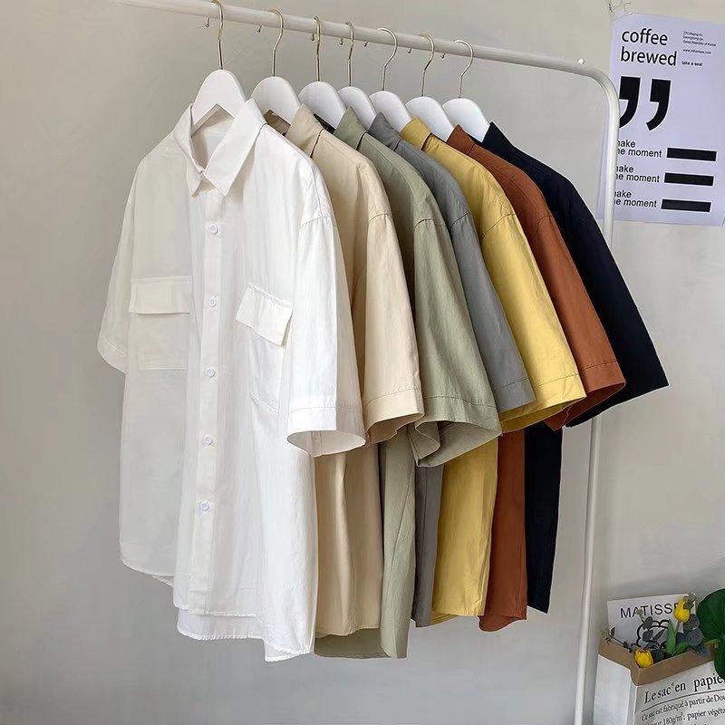 Solid Color Short Sleeve Shirt, Unisex Summer Korean Style Cool Workwear Top Trendy Loose Fit Shirt Jacket
