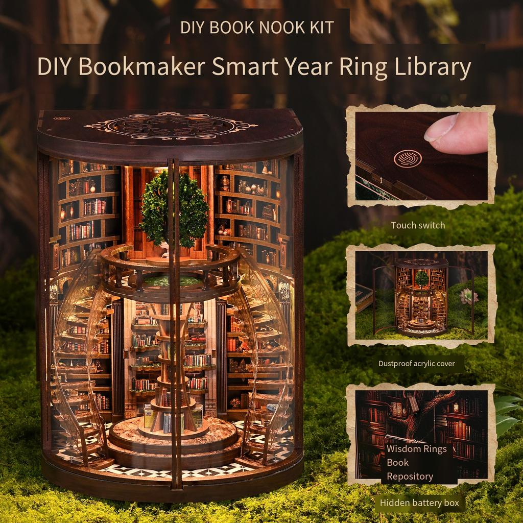 Neuer Eingang Weisheitsring Buchnische DIY-Bausatz - 3D-Holzbibliotheksmodell, Handgefertigte Buchstützen-Szene & Kreatives Bauspielzeug