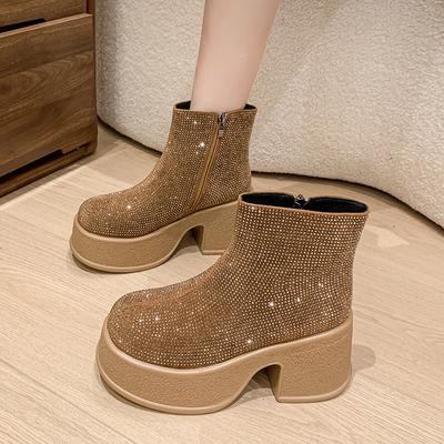Fashion Winter Women's Boots Round Toe Rhinestone 2024 Hot Sale New Fashion Square Heel Wear Resistant Shoes for Women Botines Mujer