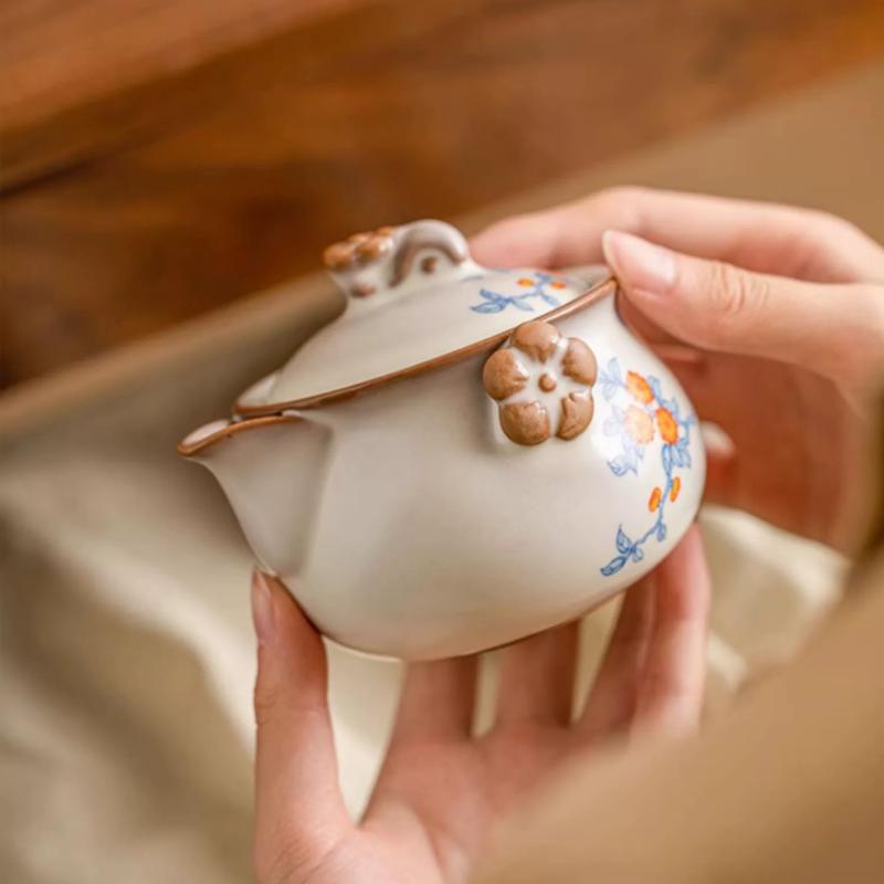 90ml Chinese Ru Kiln Ceramic Hand Grab Pot Handmade Flowers Pattern Teapot Beauty Tea Infuser Kettle Tea Pot Portable Tea Set