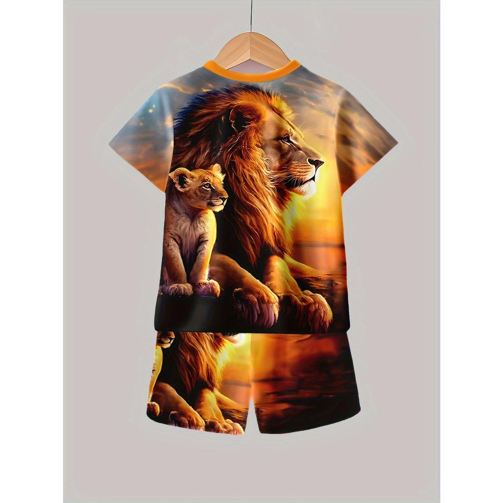 Boys' 3D Lion Printed Casual Set - Bright Cuff T-shirt and Shorts Combination, Casual Headset