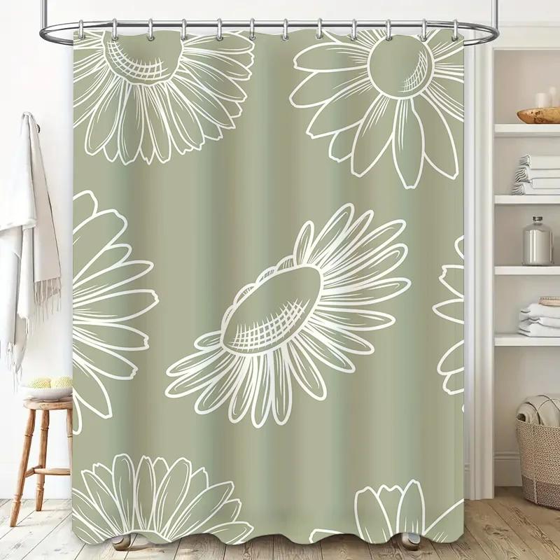 Modern Floral Shower Curtain Decorative Waterproof Washable for Bathrooms Green White Pattern