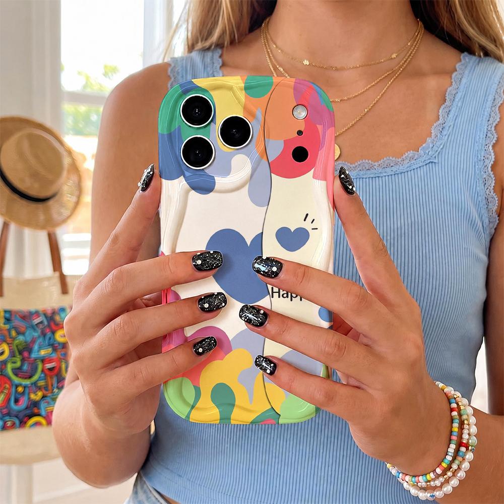 Pastel Abstract Color Block Heart Phone Case For iPhone 17 16 15 14 13 12 11 Pro Max Plus Wavy Edge Cover