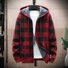 Herbst Winter Herren Mantel Reißverschluss Strick Langarm Dicker Plüsch Kariert Print Kapuzen Oberbekleidung Locker Doppeltaschen Täglich Sport Outdoor Arbeit Hoodie