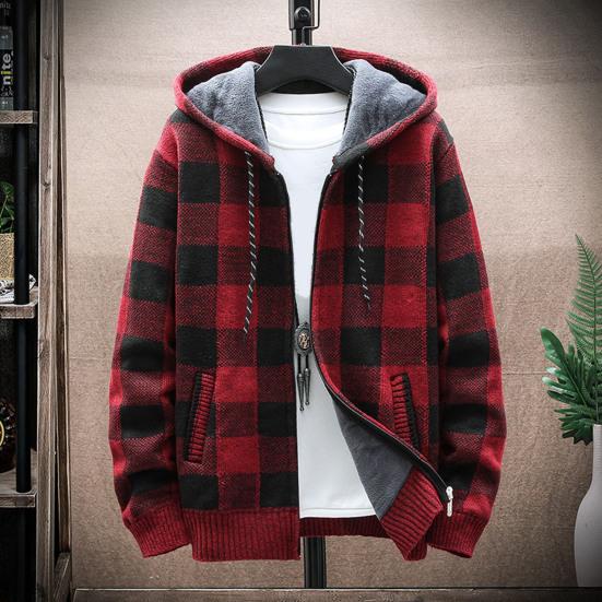 Herbst Winter Herren Mantel Reißverschluss Strick Langarm Dicker Plüsch Kariert Print Kapuzen Oberbekleidung Locker Doppeltaschen Täglich Sport Outdoor Arbeit Hoodie
