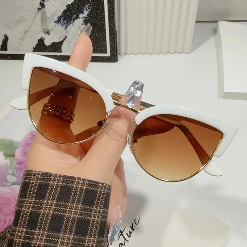 New Fashion Metal Frame Cat Eye Women'S Sunglasses Outdoor Neutral High Quality Half Frame Driving Uv400 Sunscreen Glasses