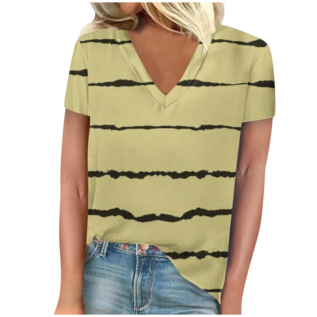 Summer V-neck 3D Stripe Printed Top Fashionable Casual Short Sleeved Women's T-shirts