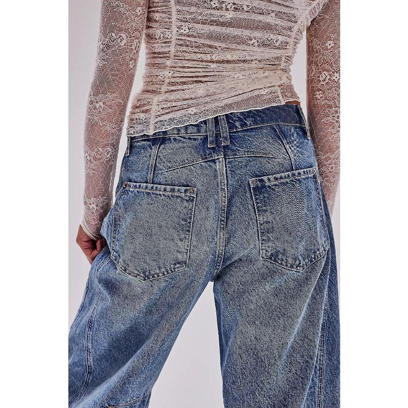 Wide Leg Loose Jeans,Women's Mid-Low Waist Washed Jeans